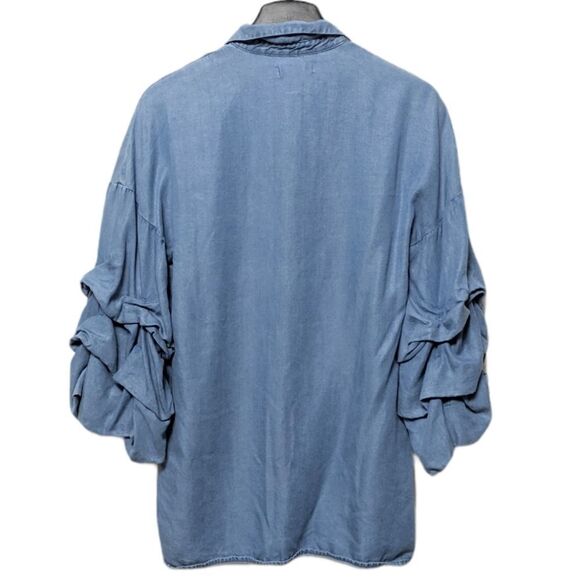 ZARA WOMAN Lyocell Chambray Ruffle Sleeve Top XS - Picture 6 of 8